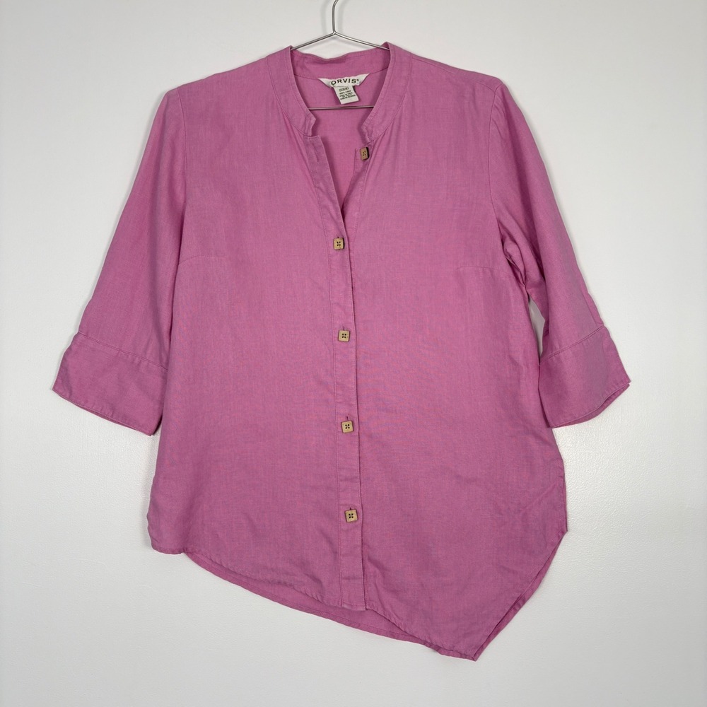 Orvis Womens Button Down Shirt Size S (6/8) Pink 100% Linen Asymmetrical Hem